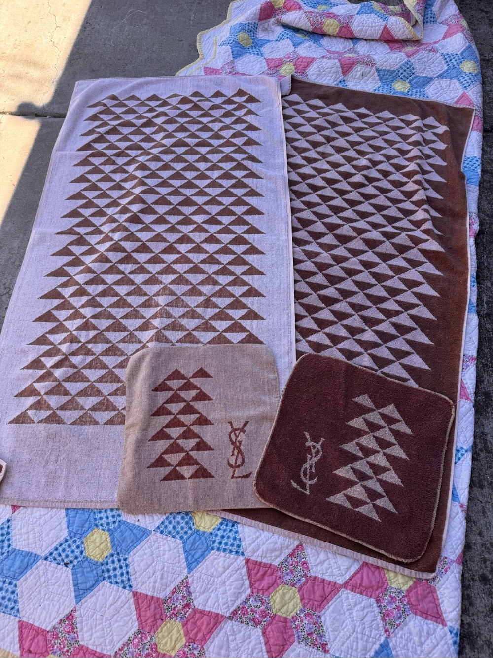 Vintage 1970’s Yves Saint Laurent Brown and Cream Geometric Cotton Towel Set
